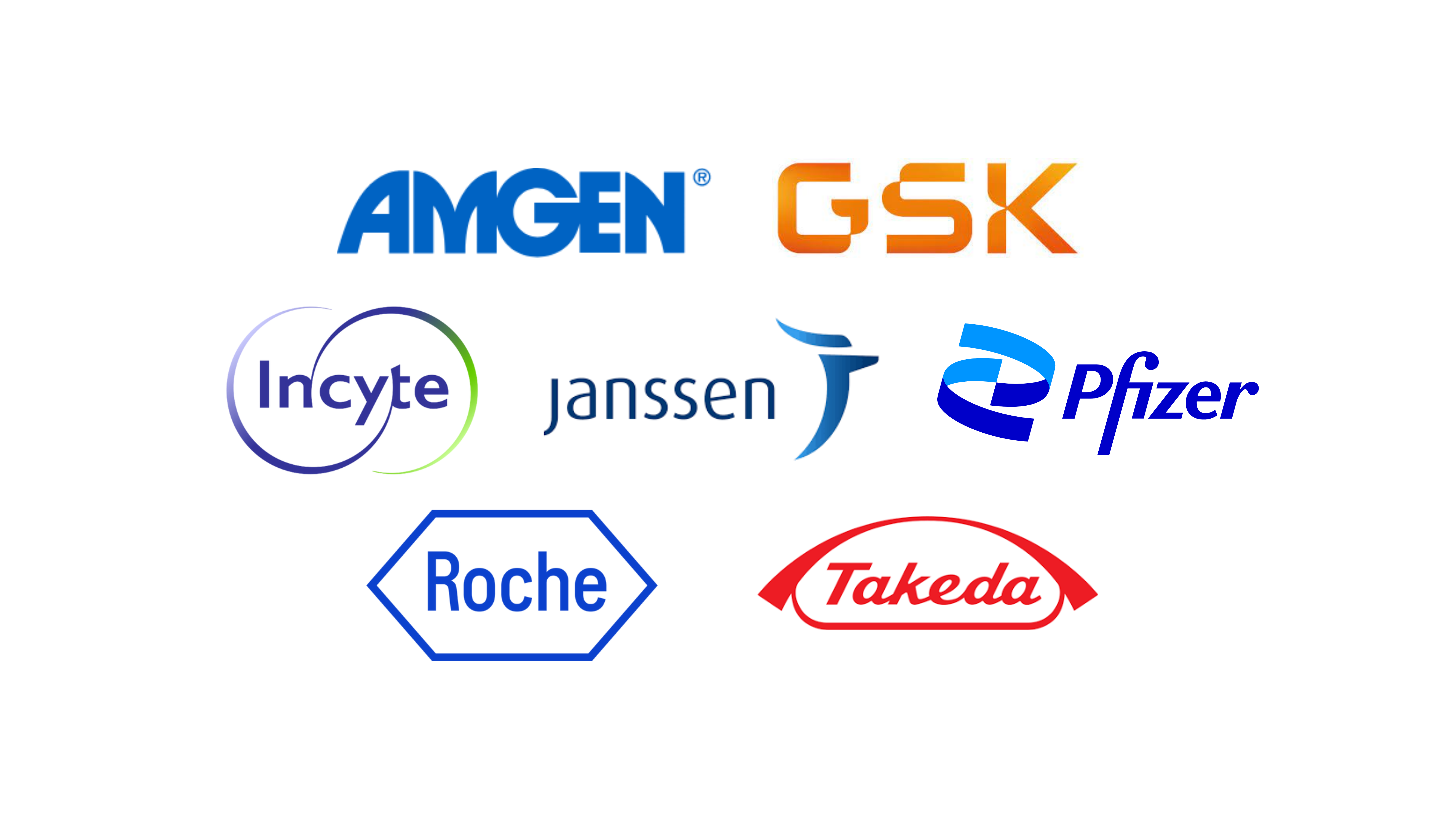 Logot: Amgen, GSK, Incyte, Janssen, Pfizer, Roche ja Takeda
