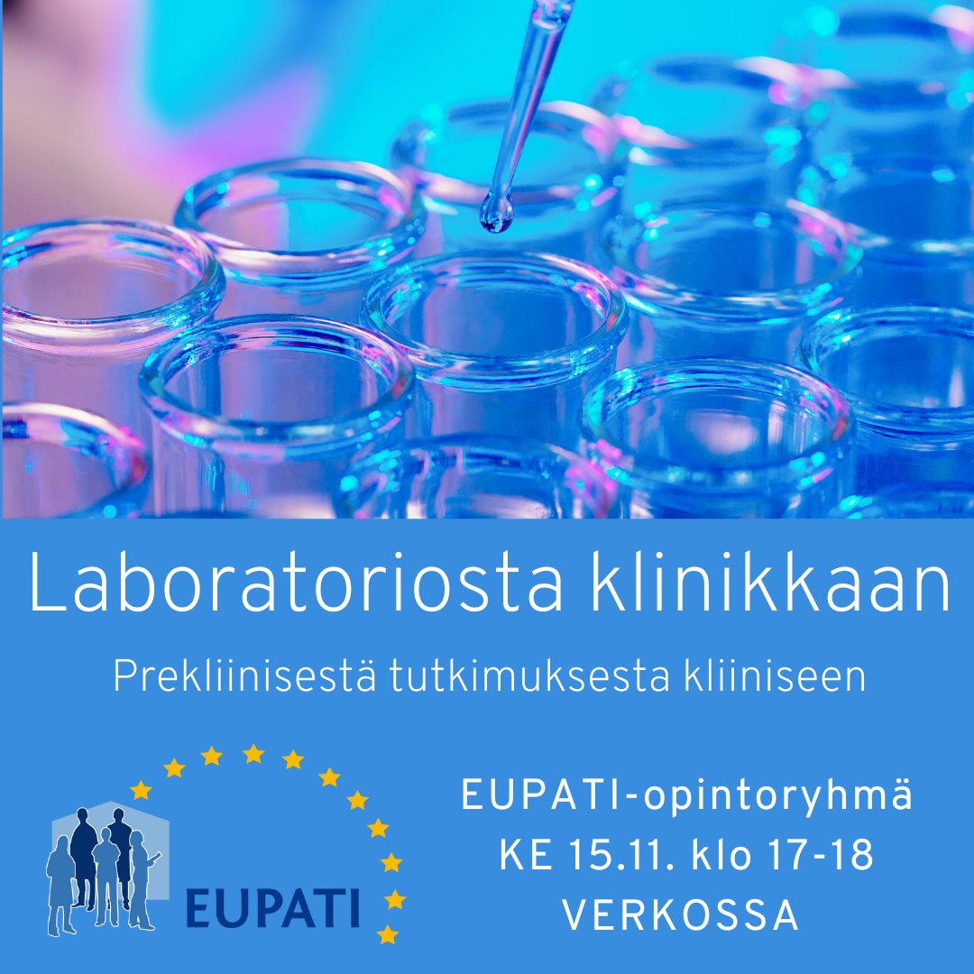 Laboratirosta klinikkaan. Opintoryhmän tapaaminen 15.11. klo 17-18. EUPATIn logo ja kuvituskuva.