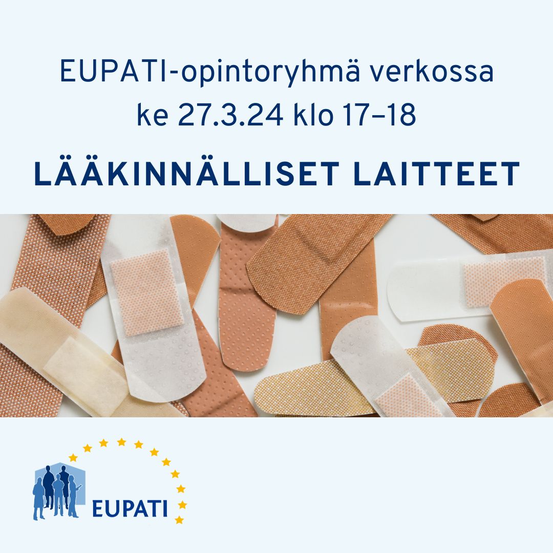 EUPATI-opintoryhmämainos ke 20.3.24 aiheena lääkinnälliset laitteet, EUPATI-logo ja laastarikuva